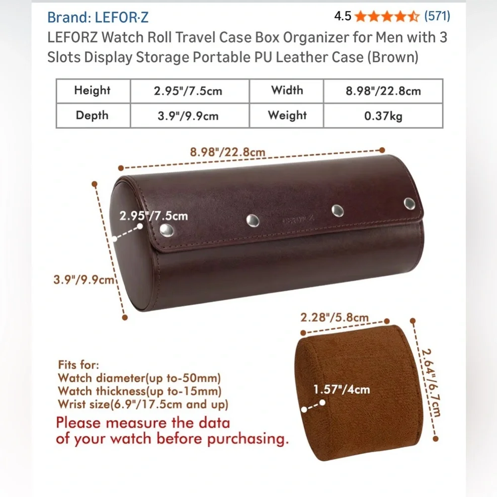 Lefor·Z Brown Leather Watch Roll 3 Slot Travel Case Luxury Organizer - Picture 4 of 8